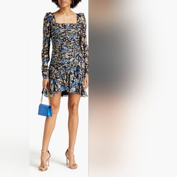 ML MONIQUE LHUILLIERRuched floral-print metallic fil coupé mini dress EUC - Picture 5 of 13